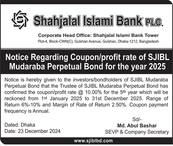 Notice Regarding Coupon/profit rate of SJIBL Mudaraba perpetual Bond for the year 2025