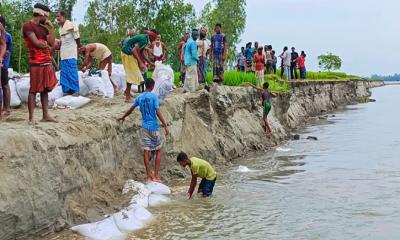 সেচ্ছাশ্রমে ভাঙন রোধের চেষ্টা কালজানি নদী পাড়ের বাসিন্দাদের