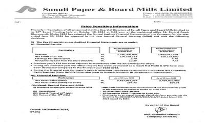 Sonali Paper and Board Mills: Price Sensitive Information