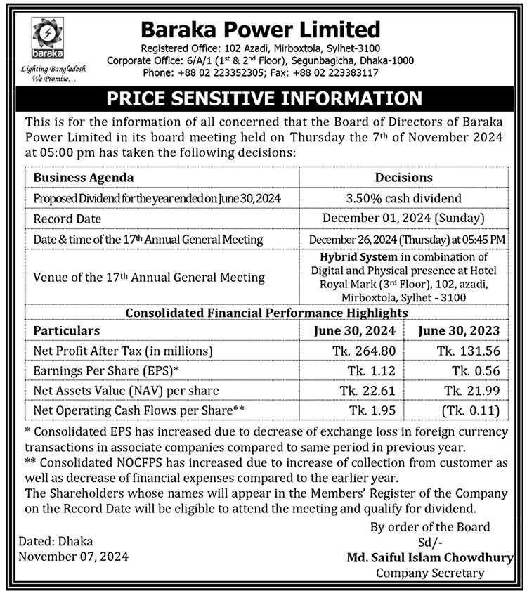 Price Sensitive Information: Baraka Power Ltd.